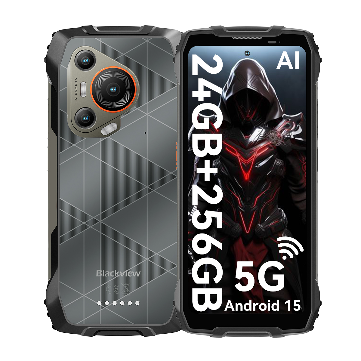 Un smartphone robusto Blackview. La pantalla muestra una figura encapuchada. Características: 24GB+256GB, 5G y Android 15. La parte trasera tiene cámaras.