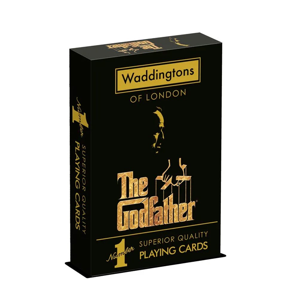 Una scatola nera di carte da gioco 'Il Padrino'. Testo dorato e silhouette di un volto maschile sul fronte. È visibile anche 'Waddingtons of London'.