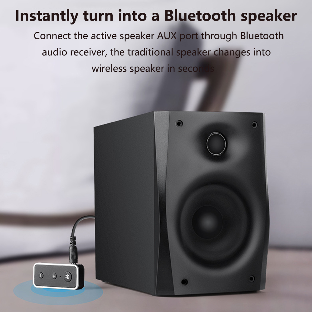 Ein schwarzer Lautsprecher ist über ein Kabel mit einem kleinen Gerät verbunden. Der Text oben lautet: „Sofort in einen Bluetooth-Lautsprecher verwandeln“.