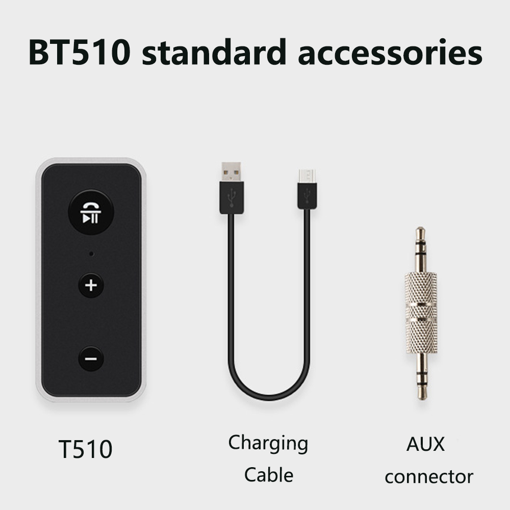 BT510-Zubehör umfasst einen T510, ein Ladekabel und einen AUX-Anschluss, alles auf hellem Hintergrund.