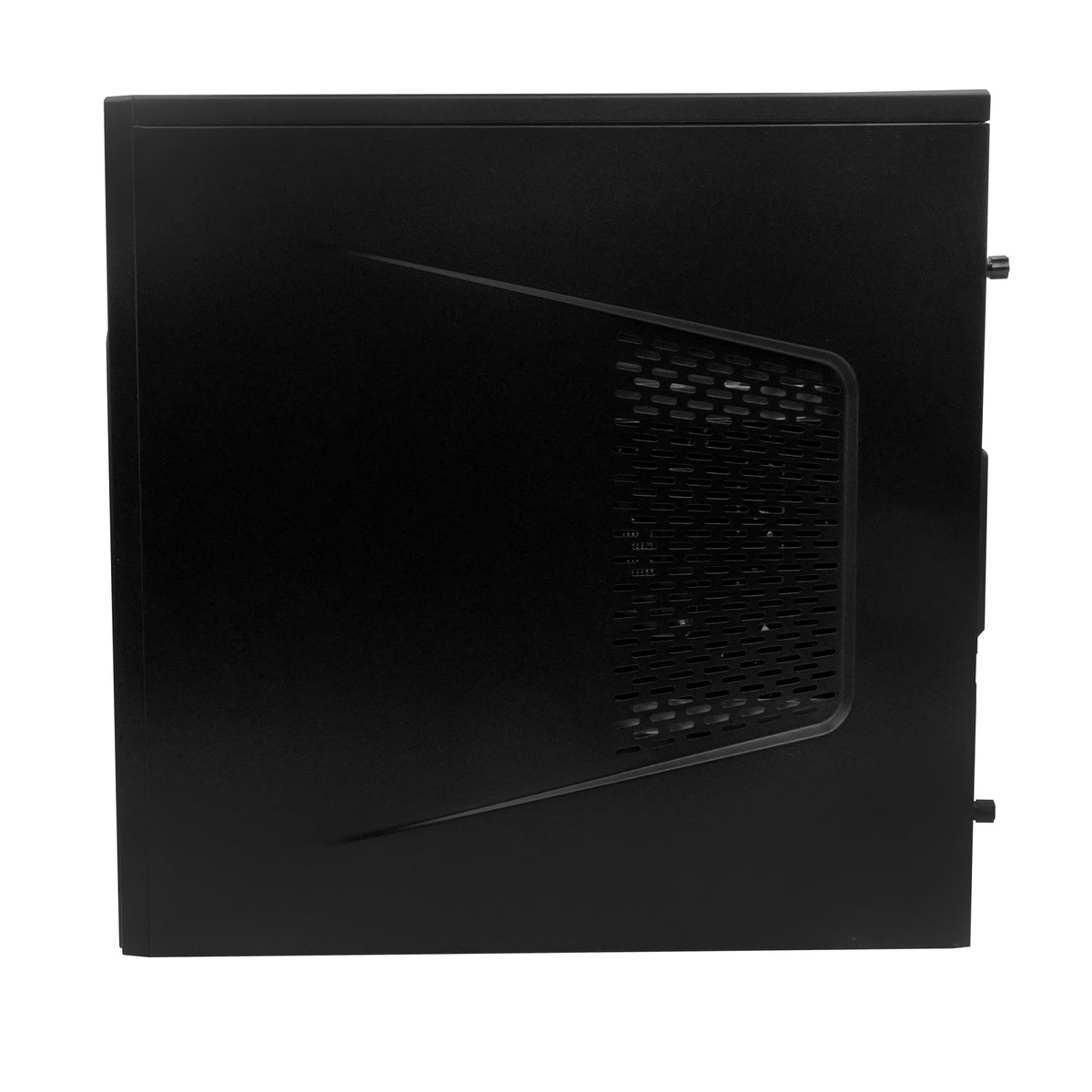 Czarna obudowa komputera. Boczny panel ma obszar wentylacji z siatki. Obudowa jest prostokątna i wydaje się solidna.