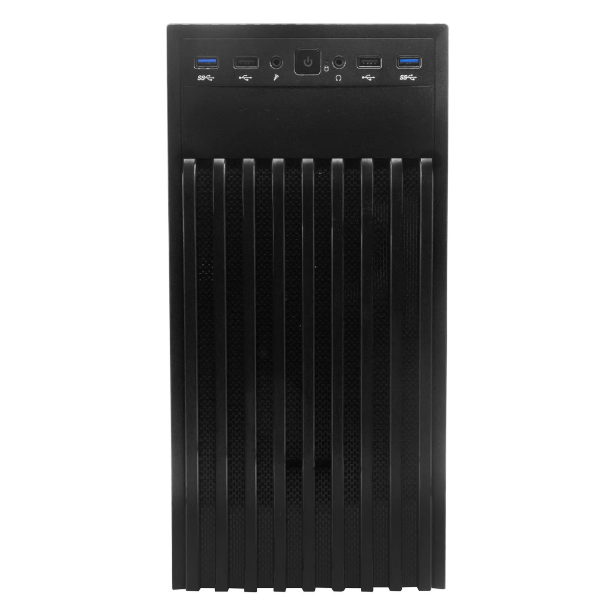 Czarna obudowa komputera, widok z przodu. Posiada przycisk zasilania, porty USB i pionowe linie do wentylacji.