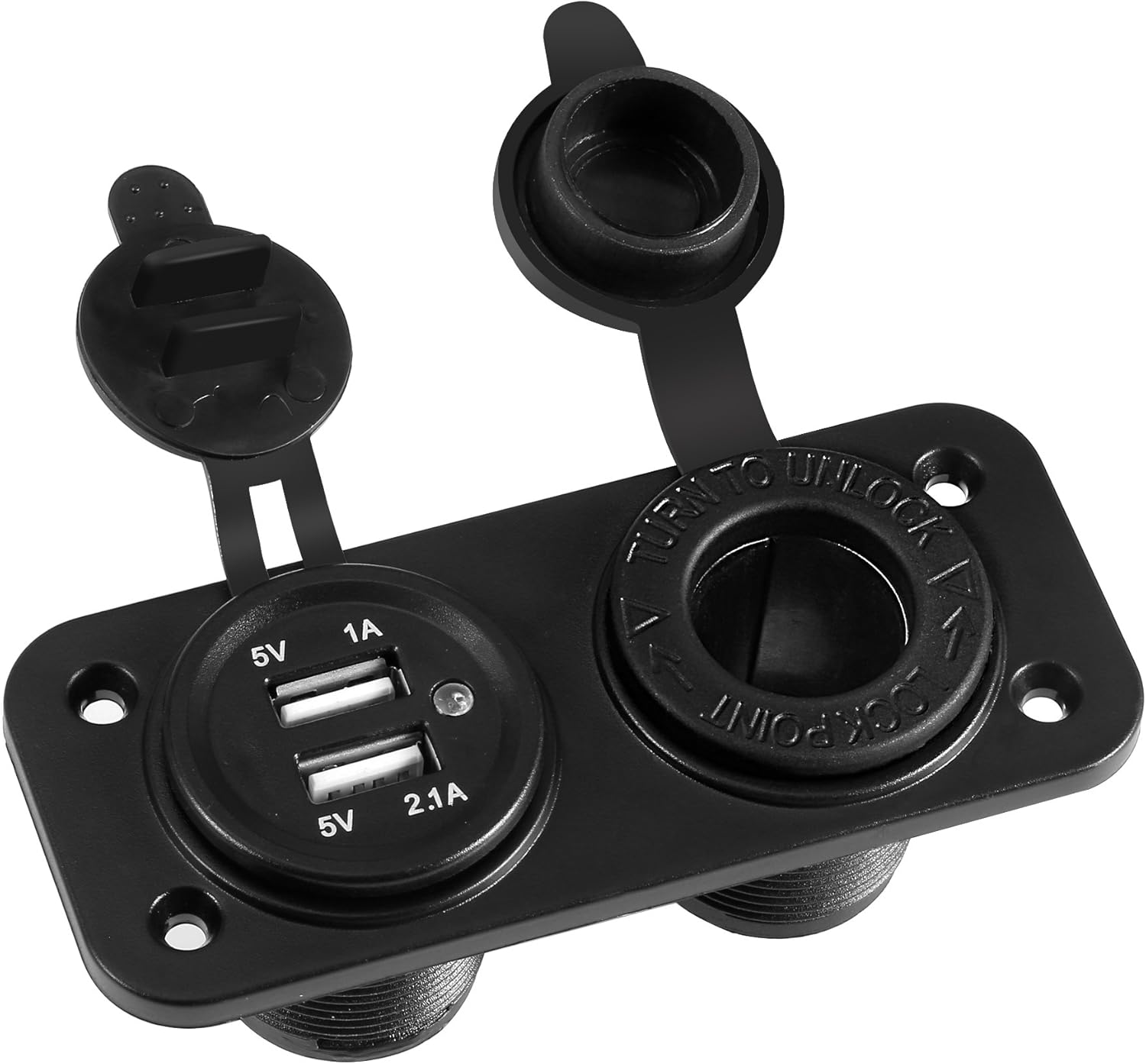 Ein schwarzer Dual-USB-Anschluss und eine Steckdose. Enthält Abdeckungen und Etiketten. Die USB-Anschlüsse sind mit 5V 1A und 5V 2.1A beschriftet.