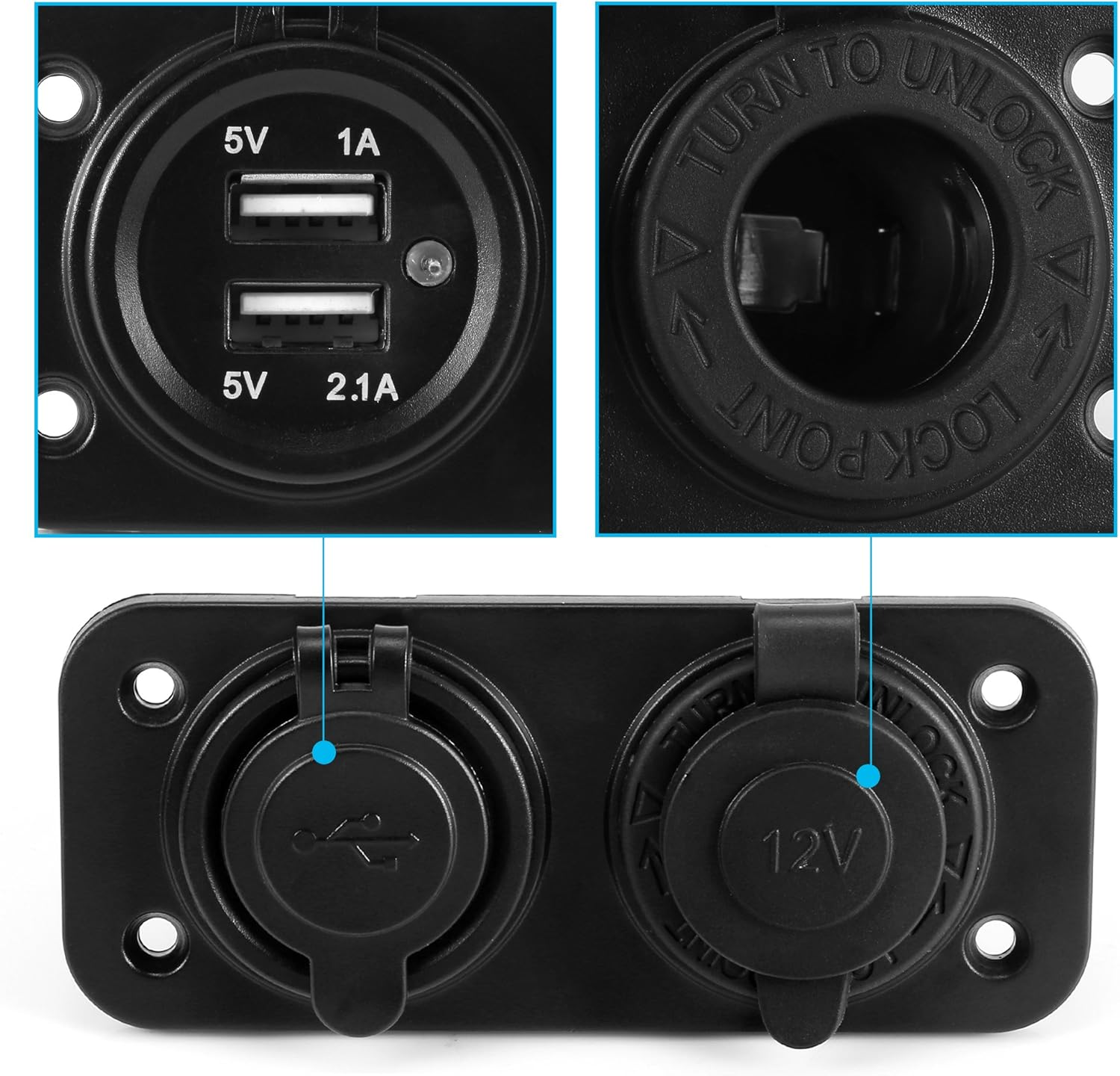 Eine schwarze Blende mit zwei USB-Anschlüssen mit der Aufschrift 5V 1A und 5V 2.1A sowie einer 12V-Buchse. Die Blende hat Befestigungslöcher.