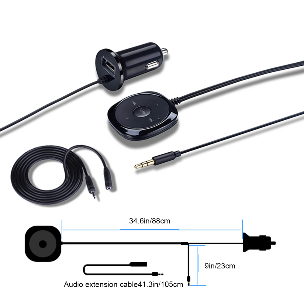 Schwarzes Autoladegerät mit USB-Anschluss, ein rundes Bluetooth-Gerät und ein Audio-Verlängerungskabel. Diagramm zeigt Abmessungen in Zoll und cm.