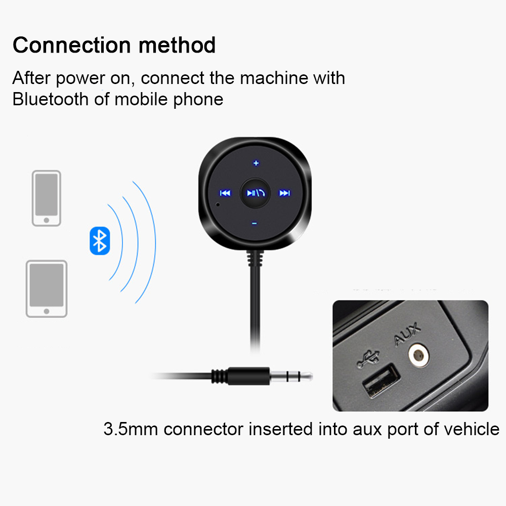 Diagramm eines Bluetooth-Geräts, das sich mit einem Telefon verbindet. Enthält einen 3,5-mm-Anschluss und einen AUX-Anschluss für Auto-Audio.