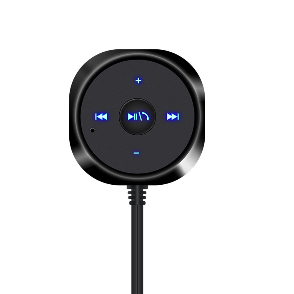 Eine schwarze Bluetooth-Musiksteuerung mit Tasten für Lautstärke, Wiedergabe/Pause und Titelauswahl. Sie hat einen Kabelanschluss.