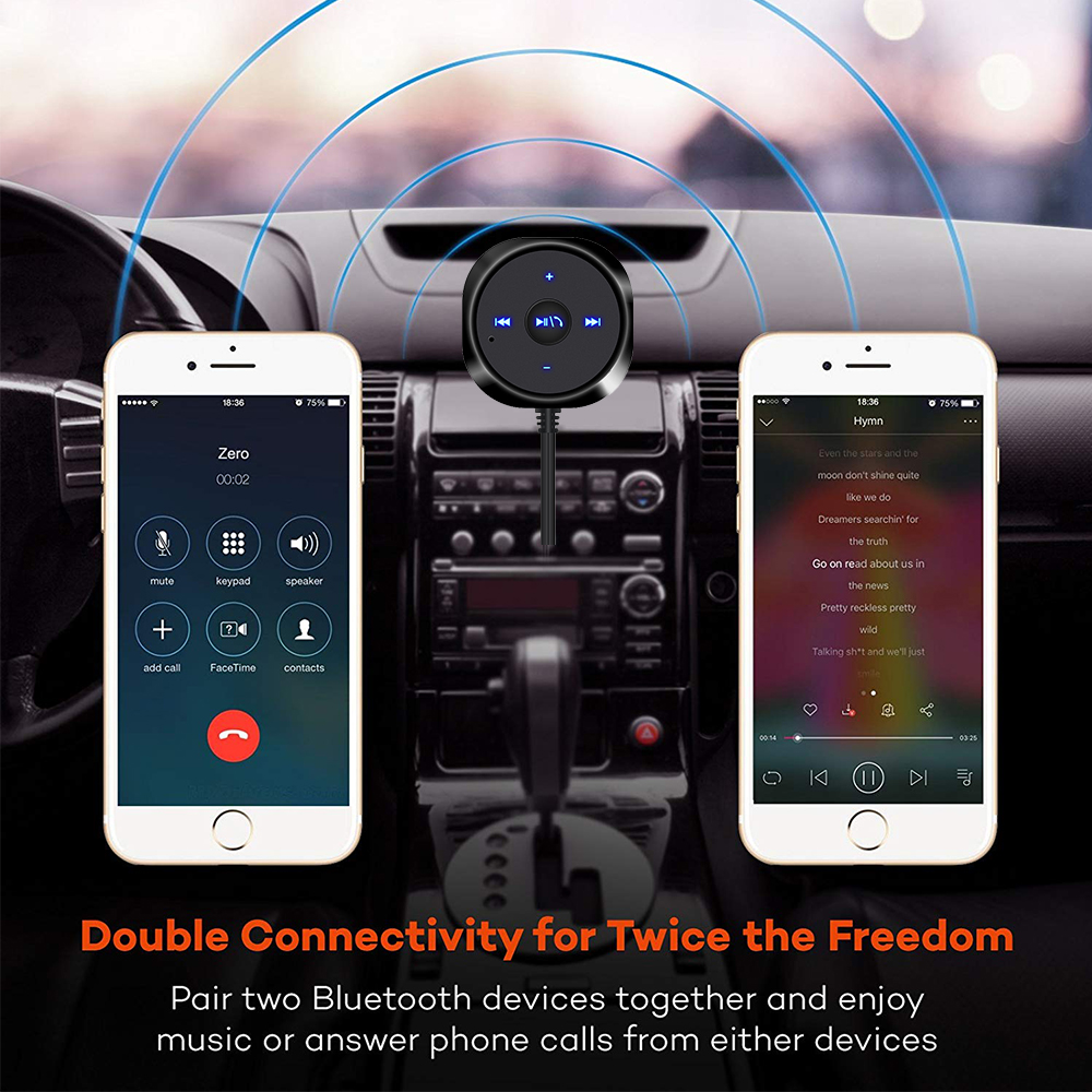 Zwei Telefone in einem Auto, die Anruf- und Musikoberflächen zeigen. Ein zentraler Knopf für Bluetooth.