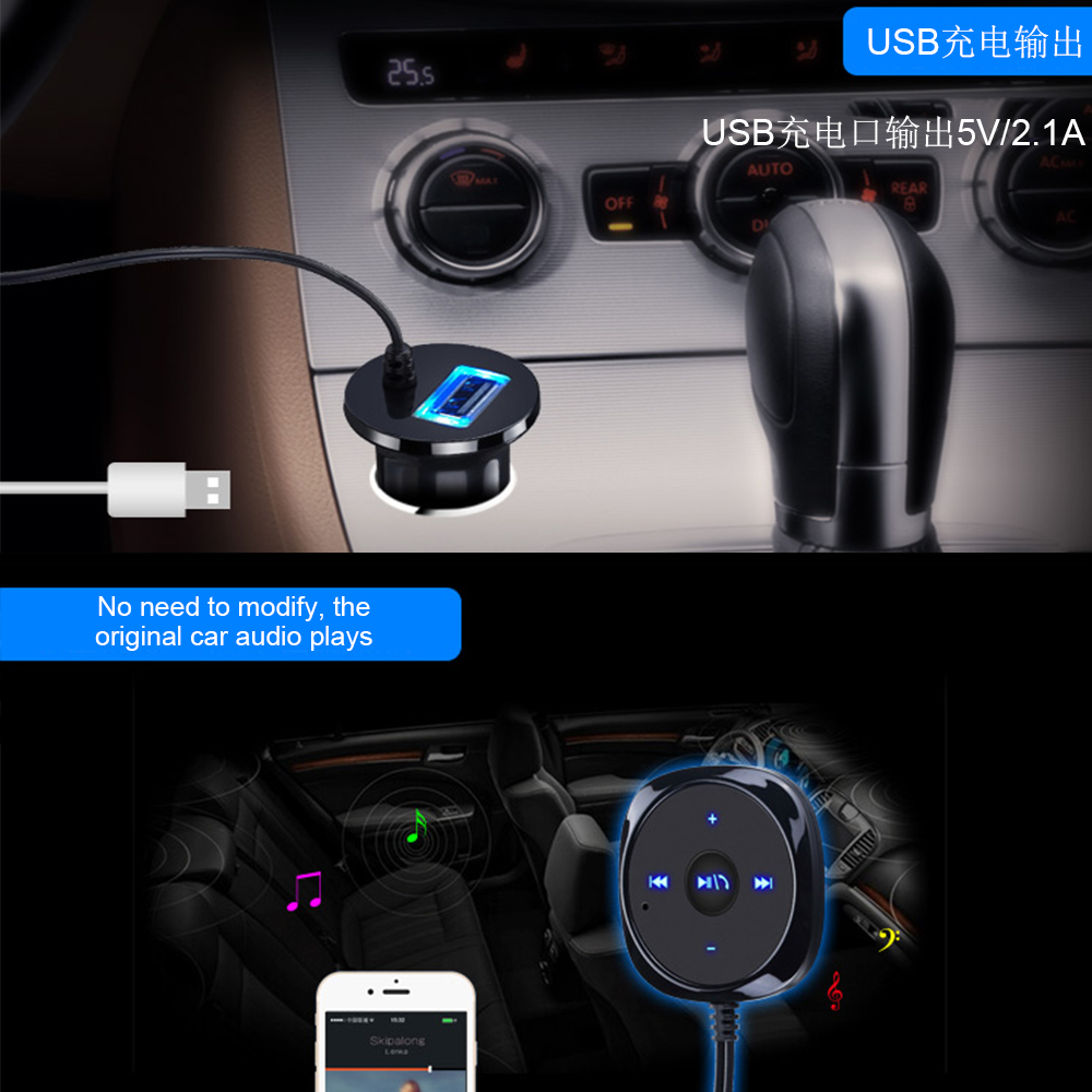 Autointerieur mit USB-Ladegerät. Ein Telefon ist angeschlossen und zeigt Musik an. Text: 'Keine Modifikation nötig, Original-Autoradio spielt'.