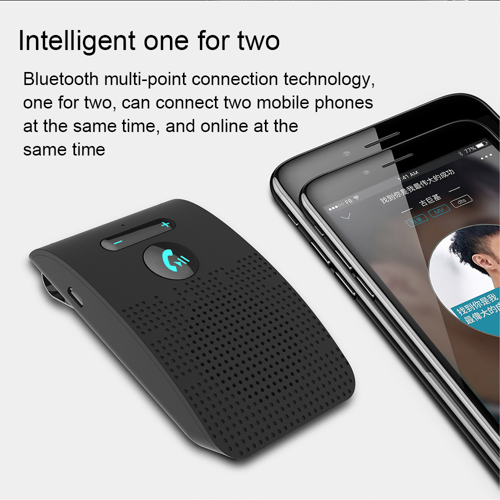 Schwarzes Bluetooth-Gerät und zwei Smartphones. Ein Telefon zeigt eine Musik-App an. Text lautet 'Intelligent one for two'.