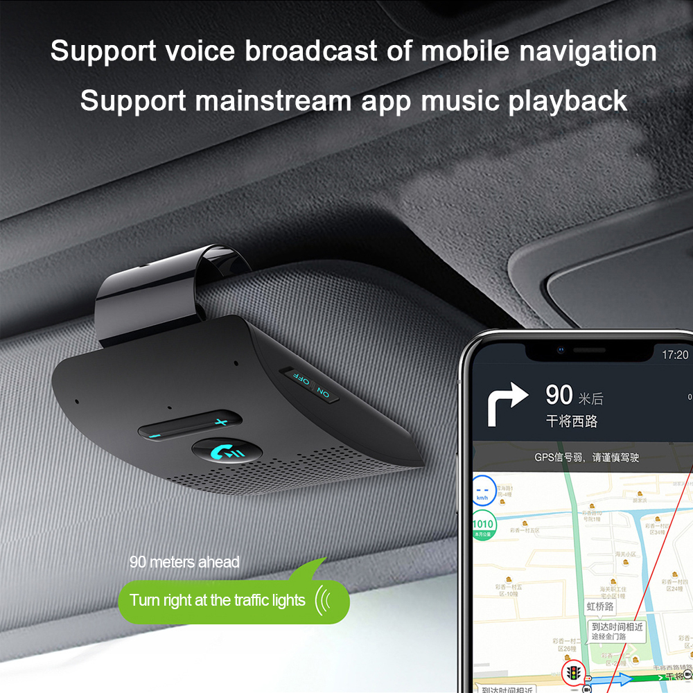Ein Navigationssystem im Auto mit einem Telefon, das eine Karte anzeigt. Das System ist an der Decke des Autos befestigt. Textüberlagerungen.