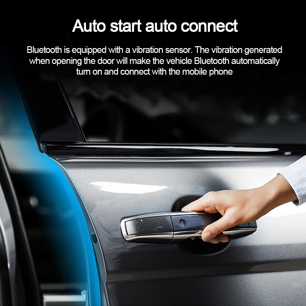 Eine Hand öffnet eine Autotür. Der Text lautet 'Auto start auto connect' und beschreibt Bluetooth-Verbindung durch Vibration.