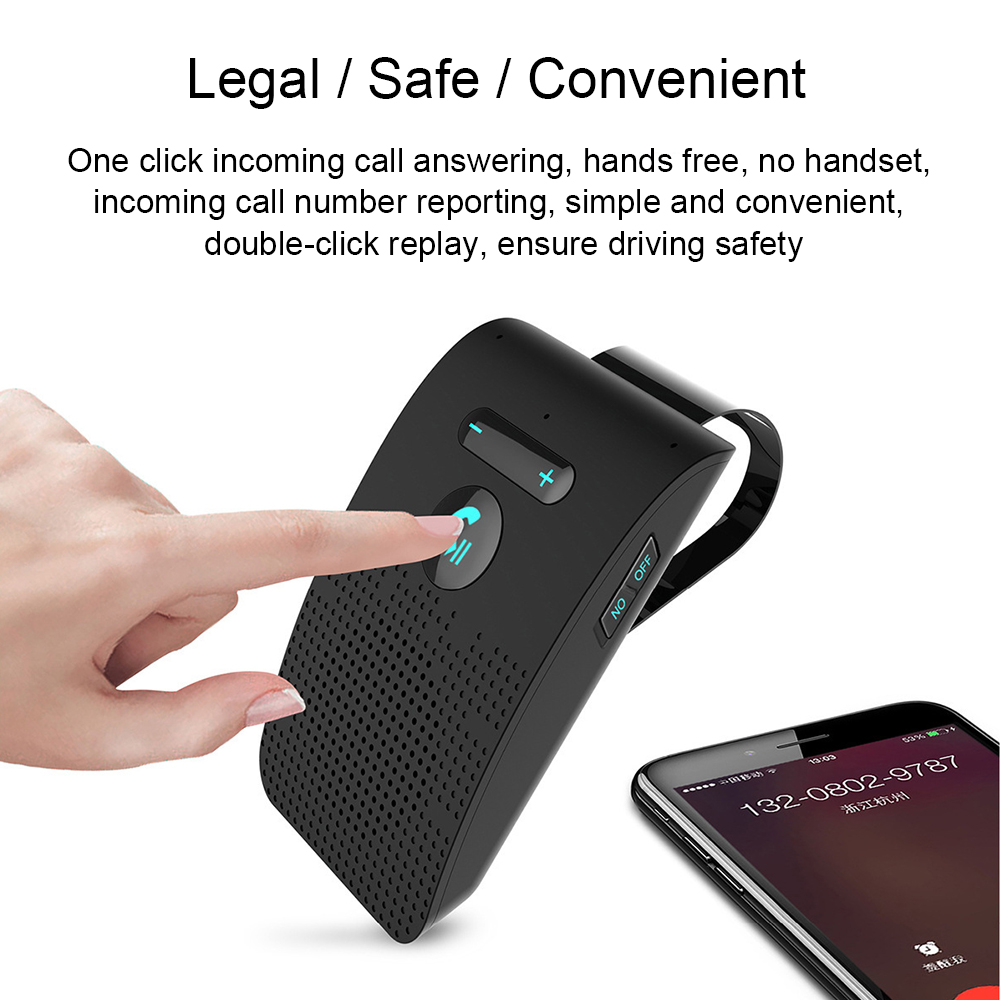 Ein schwarzes Freisprechgerät mit einem Finger, der einen Knopf drückt. Ein Telefon zeigt einen eingehenden Anruf an.