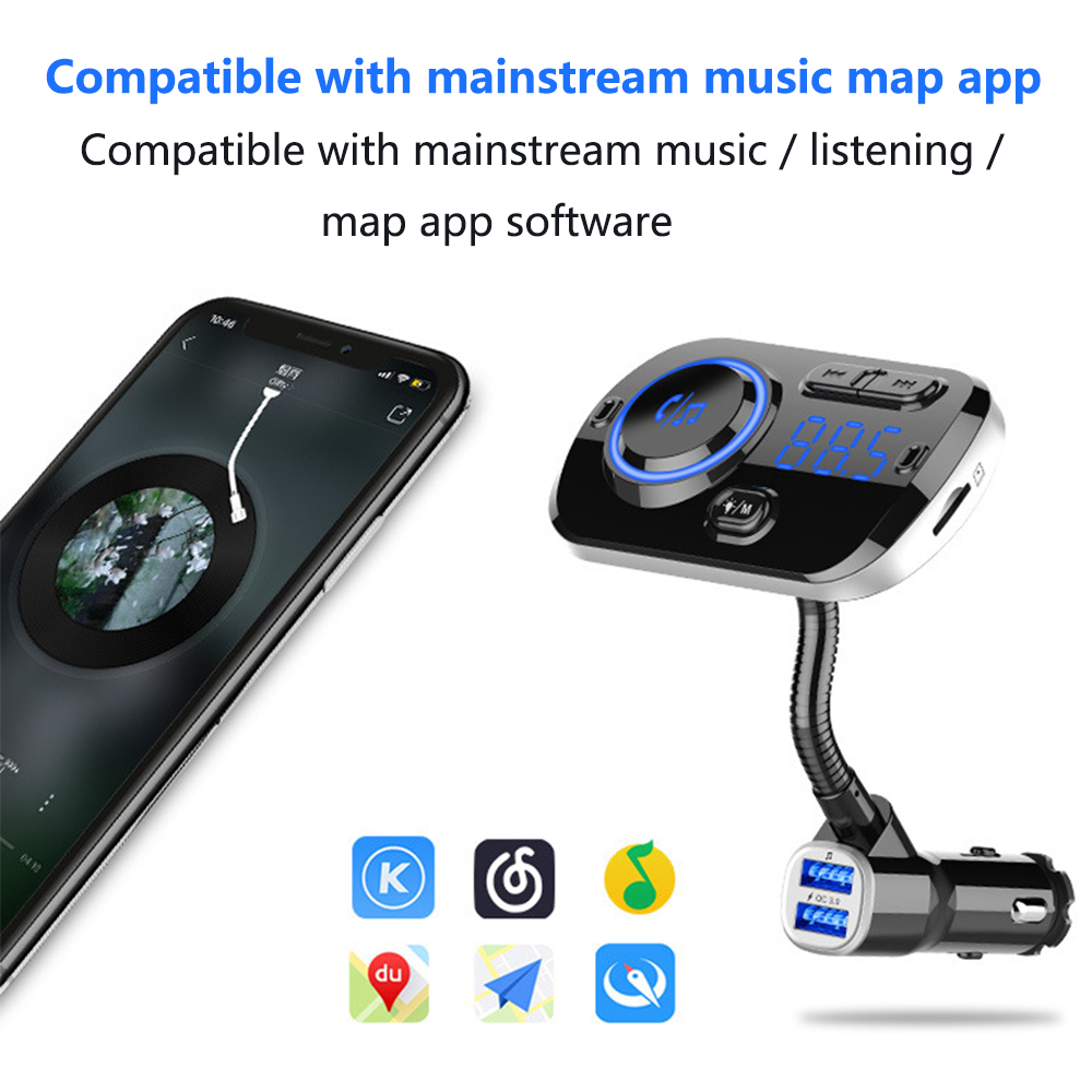 Ein Telefon zeigt Musik an, ein Autoladegerät und mehrere App-Symbole sind abgebildet. Das Ladegerät hat eine Digitalanzeige.