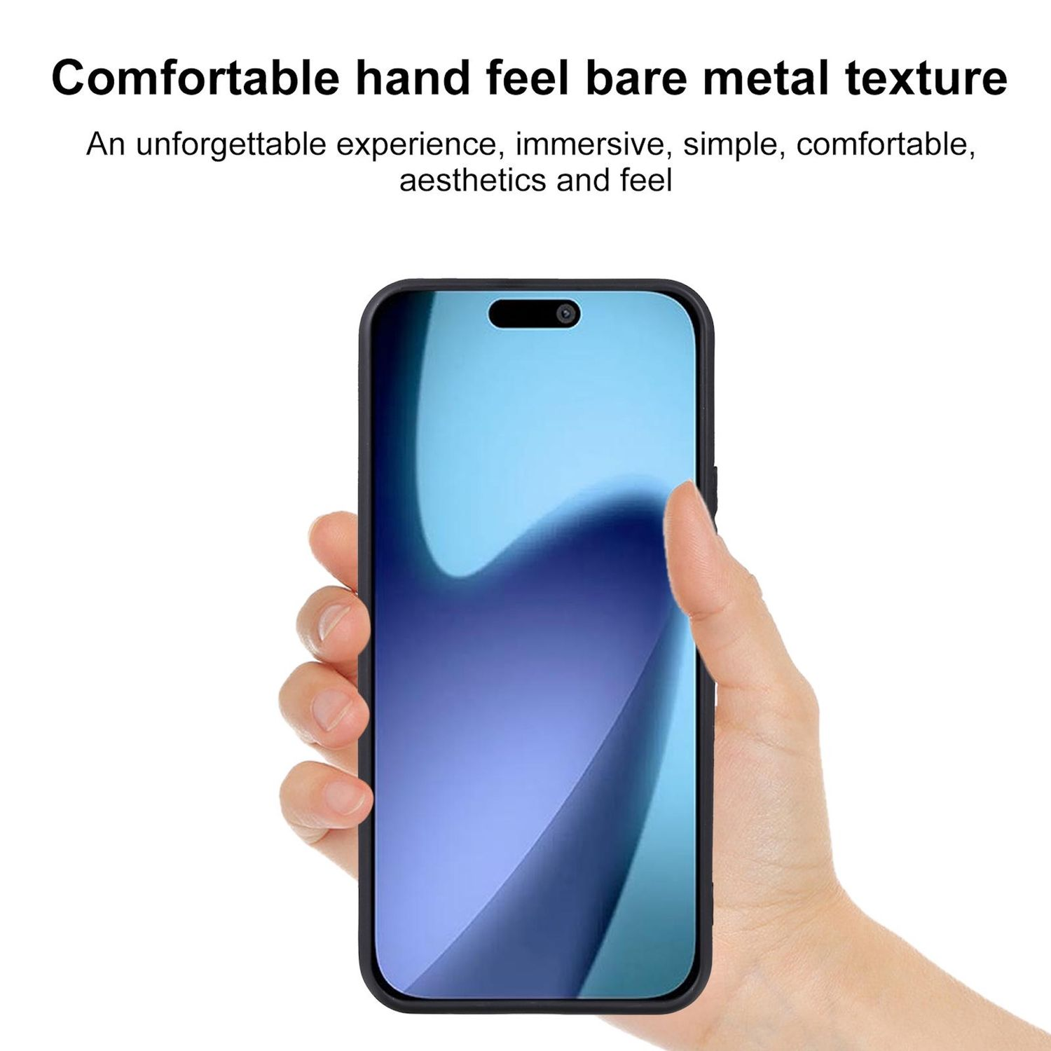 Hand, die ein Smartphone mit blauem Farbverlauf hält. Text oben beschreibt ein angenehmes Handgefühl.