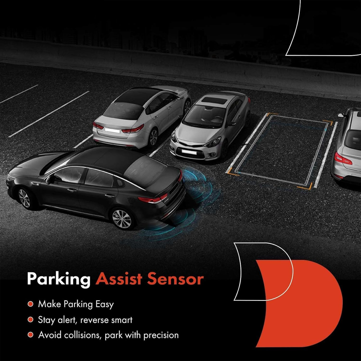 Autos auf einem Parkplatz. Ein schwarzes Auto parkt, und der Parkassistentensensor wird hervorgehoben.