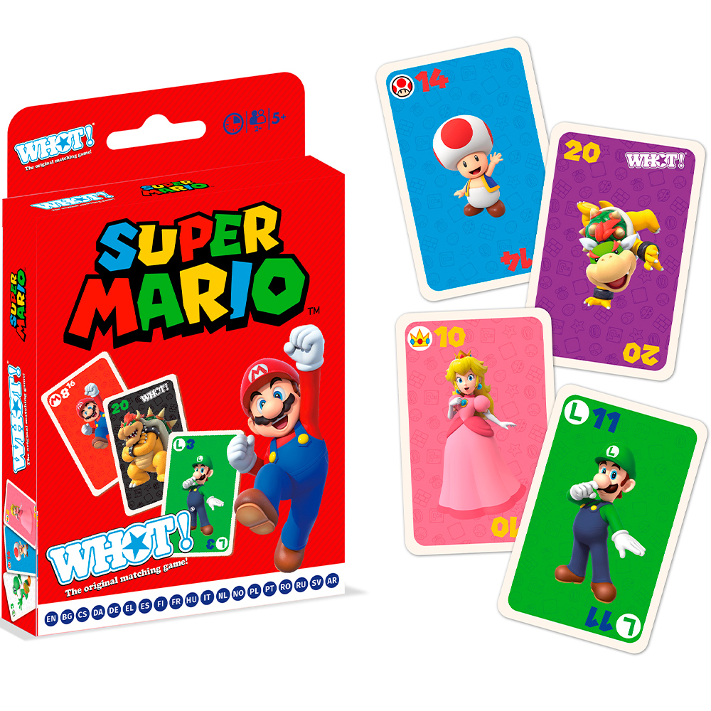 Ein Super Mario Kartenspielkarton und Karten sind sichtbar. Charaktere wie Mario, Luigi, Peach und Bowser sind auf den Karten zu sehen. Auf der Box steht 'WHAT!'.