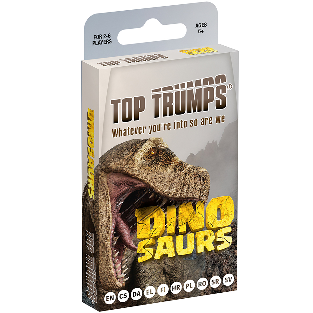 Eine Top Trumps Dino Saurs Kartenspielbox. Sie zeigt einen T-Rex mit offenem Maul. Die Box hat Text auf Englisch und Logos.