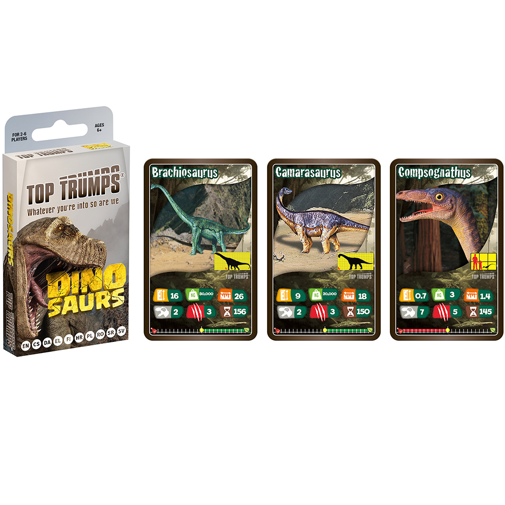 Ein Top Trumps Dino Saurs Kartenspiel-Box und drei Dinosaurierkarten: Brachiosaurus, Camarasaurus und Compsognathus, mit Statistiken.