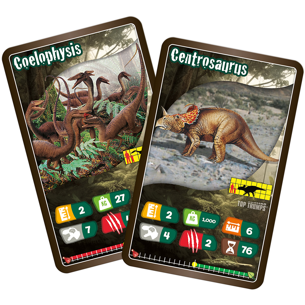 Zwei Dinosaurierkarten. Eine zeigt Coelophysis, mehrere braune Dinosaurier in einem Wald. Die andere zeigt einen Centrosaurus.