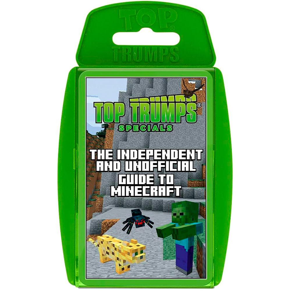 Ein Top Trumps Kartenspiel für Minecraft. Die grüne Hülle zeigt das Spielcover mit Minecraft-Charakteren und Text.