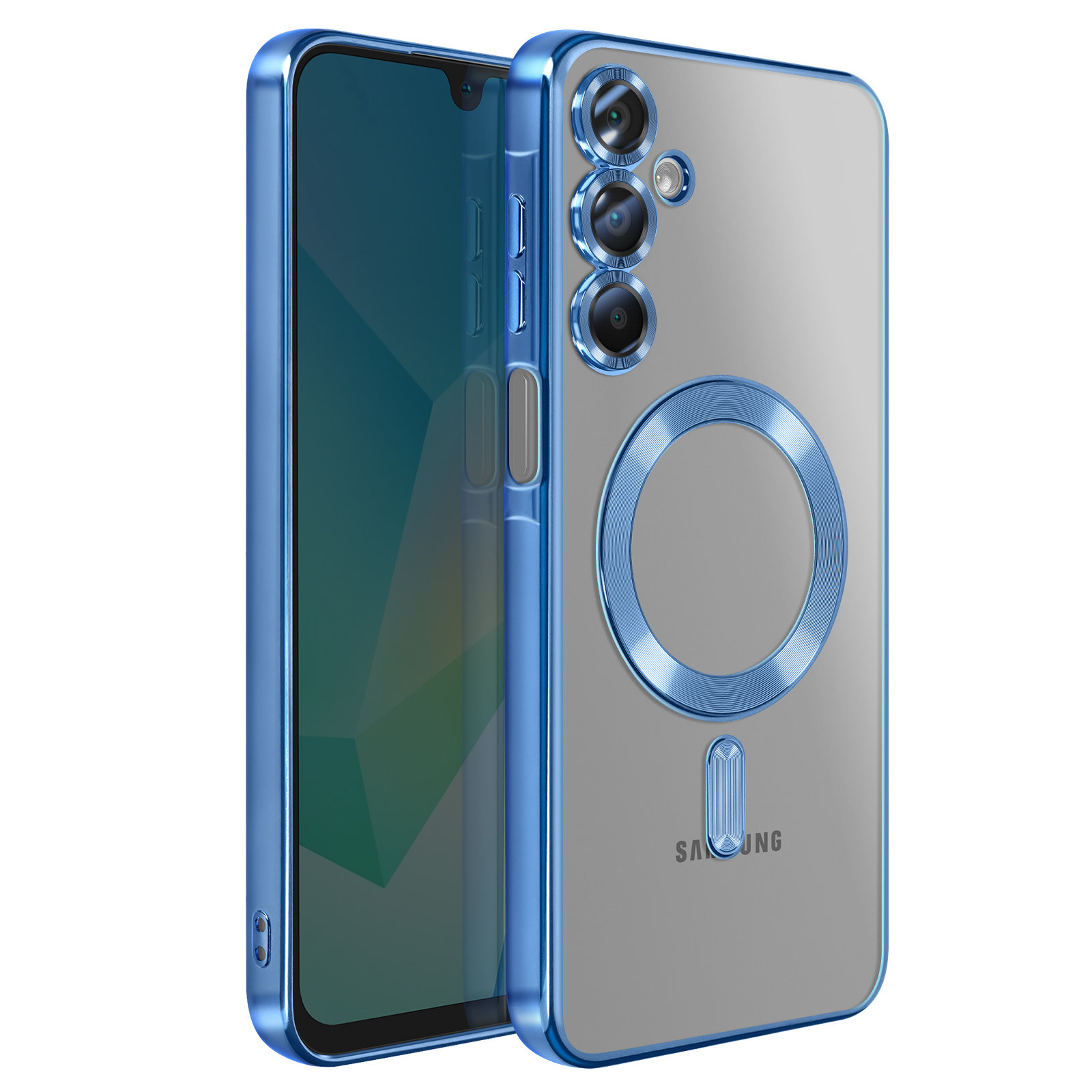 Eine blaue Handyhülle mit durchsichtigem Rücken umhüllt ein Telefon. Es hat eine Kamera und einen MagSafe-Ring.