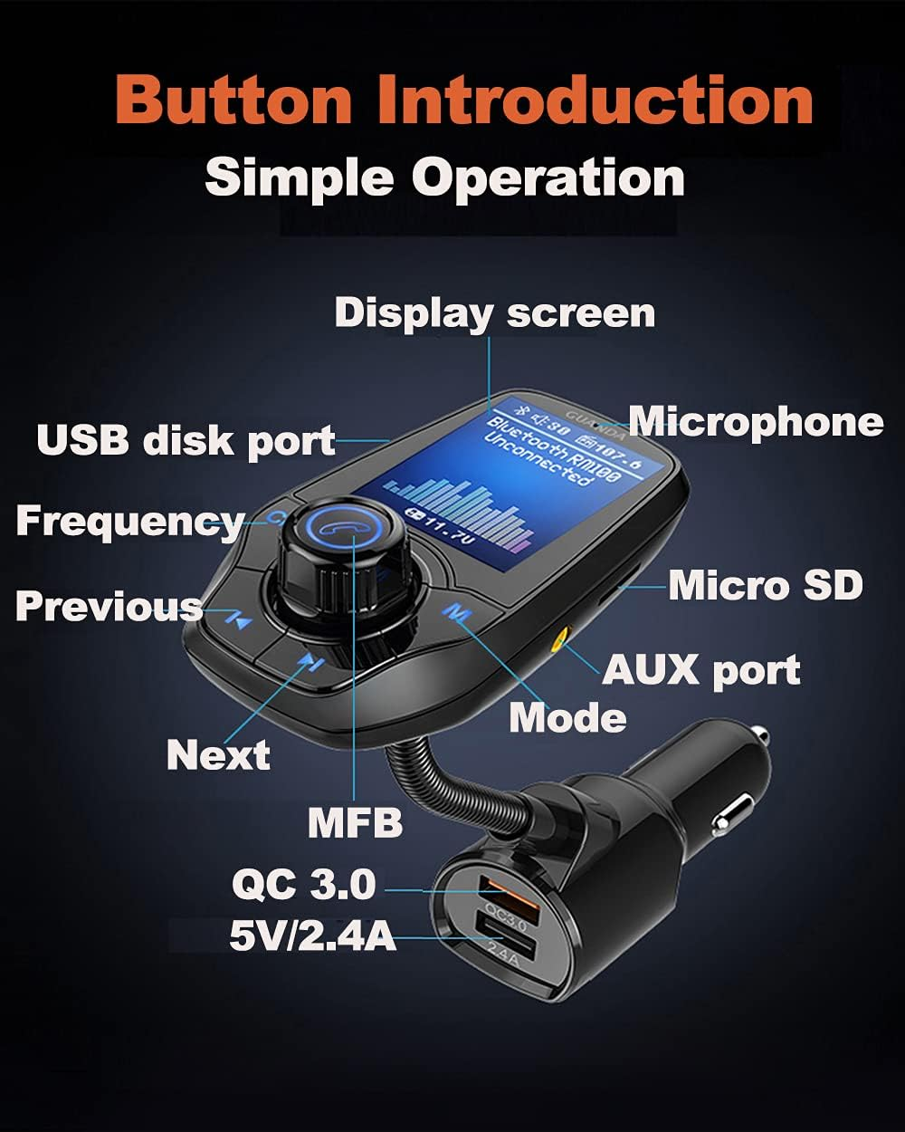 Ein schwarzer Bluetooth-FM-Transmitter für Autos mit beschrifteten Tasten und Display. Mit Anschlüssen und Ladefunktionen.