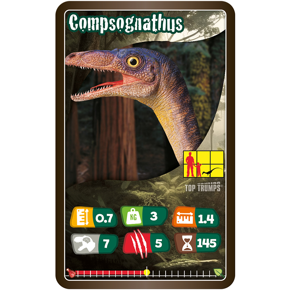 Dinosaurierkarte mit einem Compsognathus. Es zeigt den Kopf des Dinosauriers mit offenem Maul. Statistiken sind unten, in einer Waldumgebung, dargestellt.