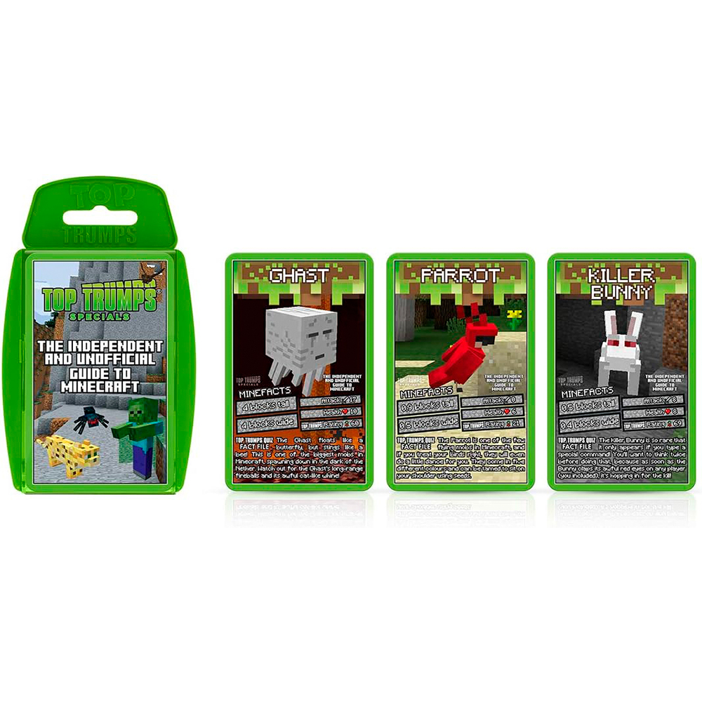 Eine grüne Top Trumps Minecraft-Kartenspielbox mit Karten von Ghast, Parrot und Killer Bunny auf weißem Hintergrund.