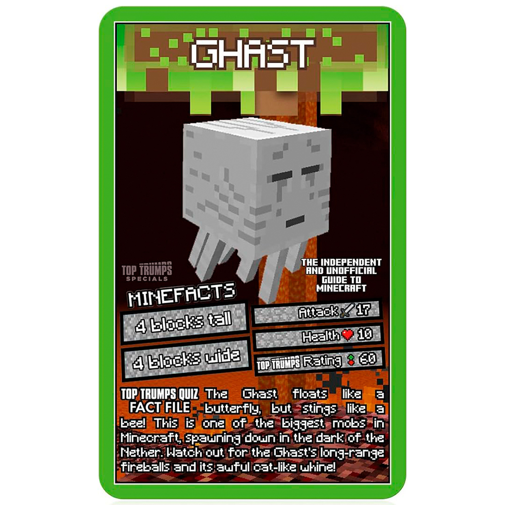 Eine Minecraft Ghast Karte. Es ist ein weißes, würfelartiges Wesen mit schwebenden Beinen, auf einer Karte mit Statistiken und Text über das Spiel.