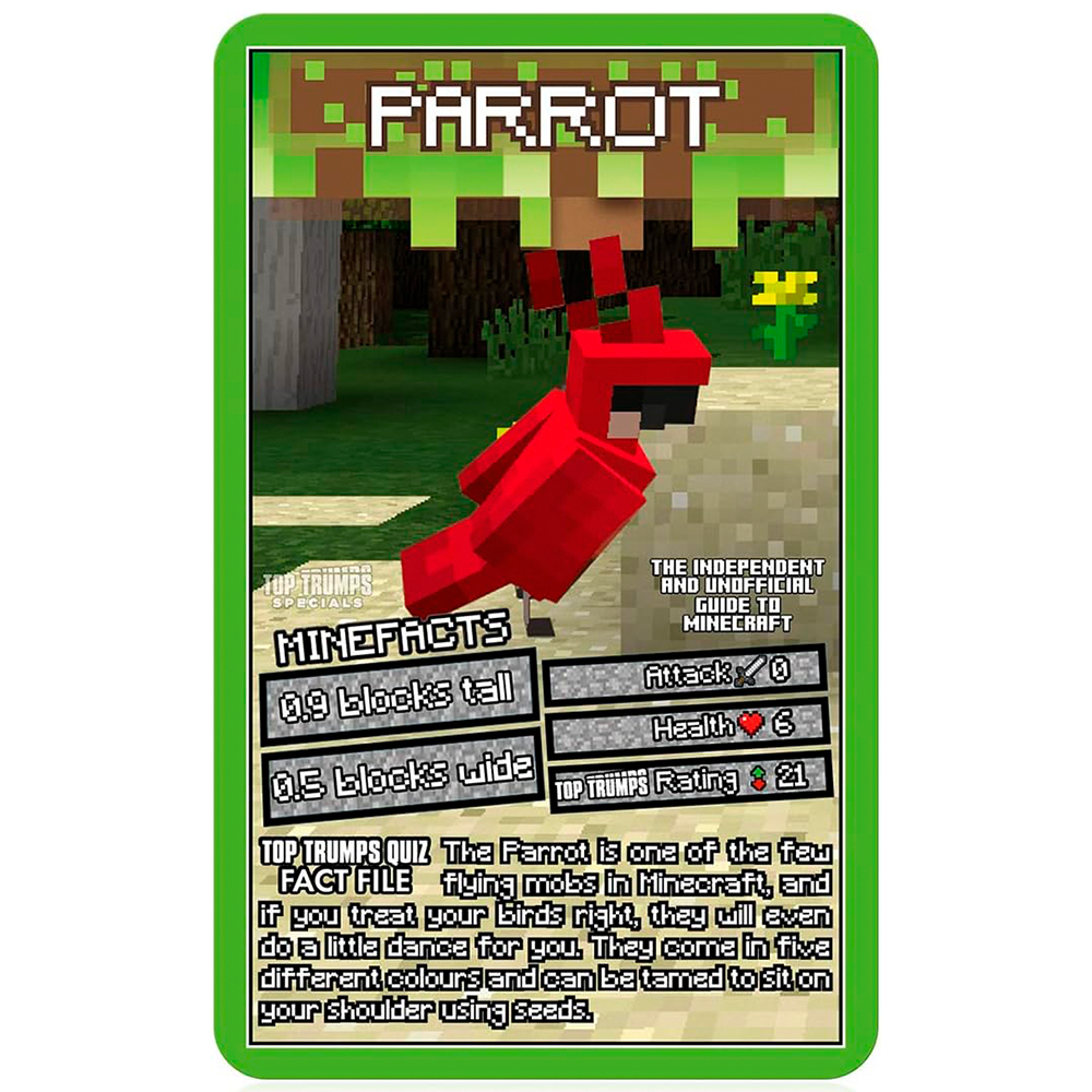 Eine Minecraft-Papageienkarte. Sie zeigt einen roten Papagei auf Sand. Text beschreibt Größe, Angriff und Gesundheit des Papageis.
