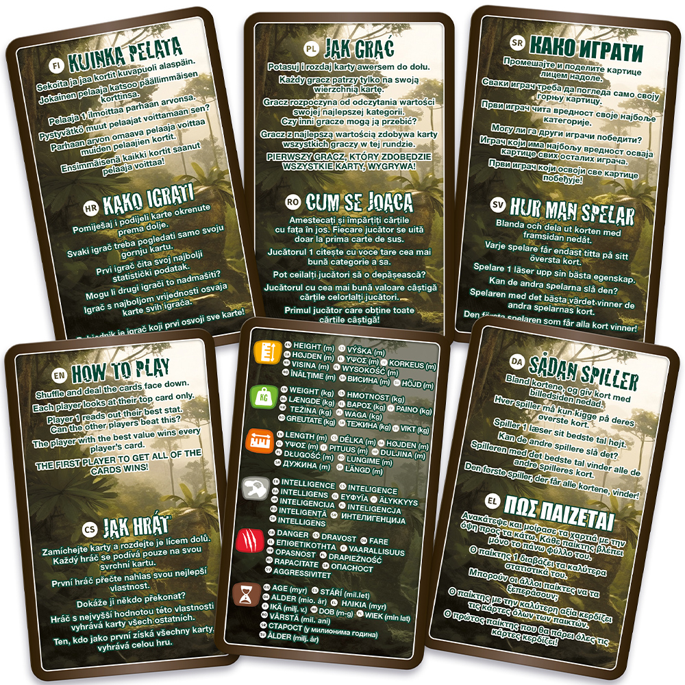 Spielkartenanweisungen in mehreren Sprachen, mit Datentabellen und Kartendetails.