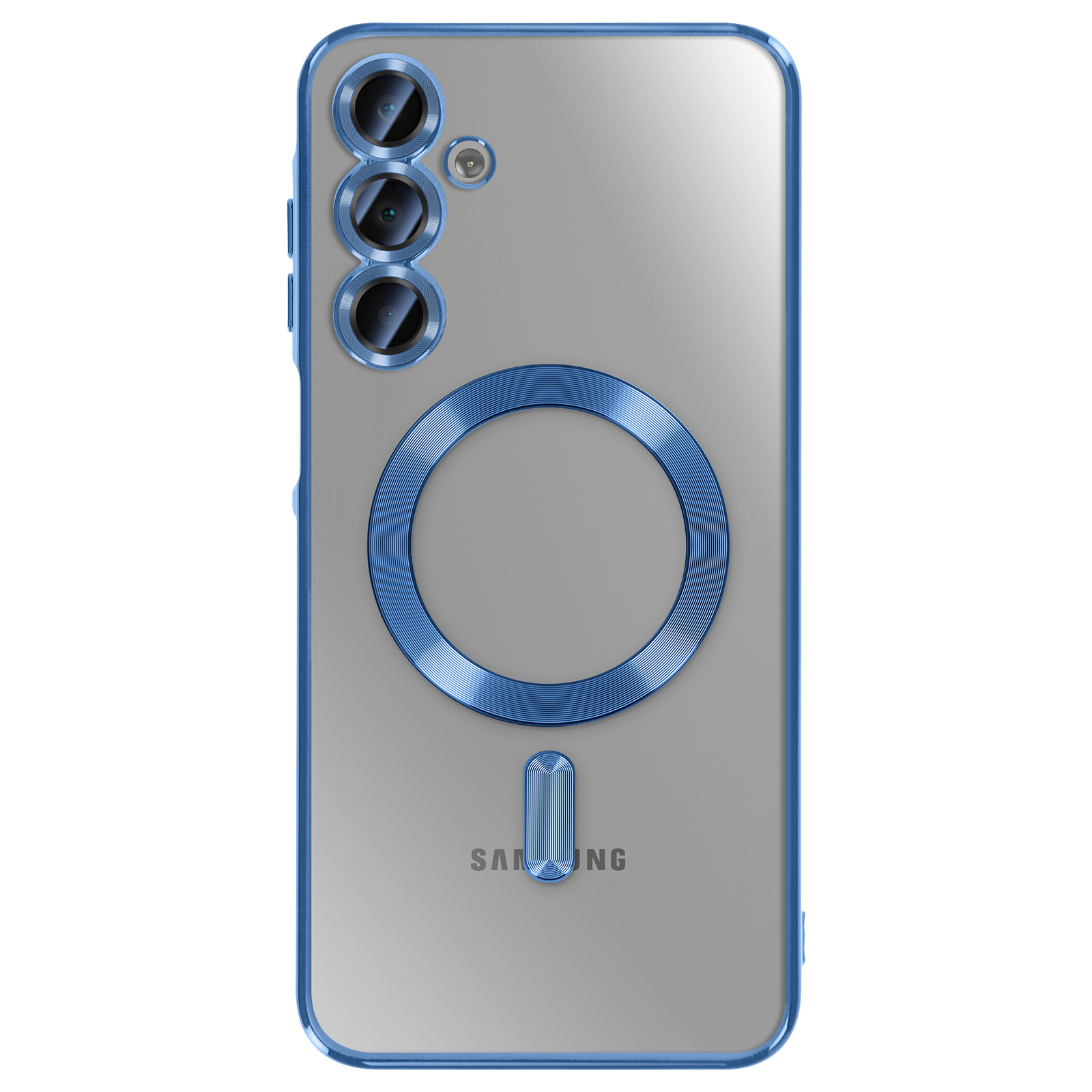 Transparente Handyhülle mit blauen Akzenten. Verfügt über ein Dreifach-Kamera-Design, einen kreisförmigen Magnetring und Samsung-Logo.