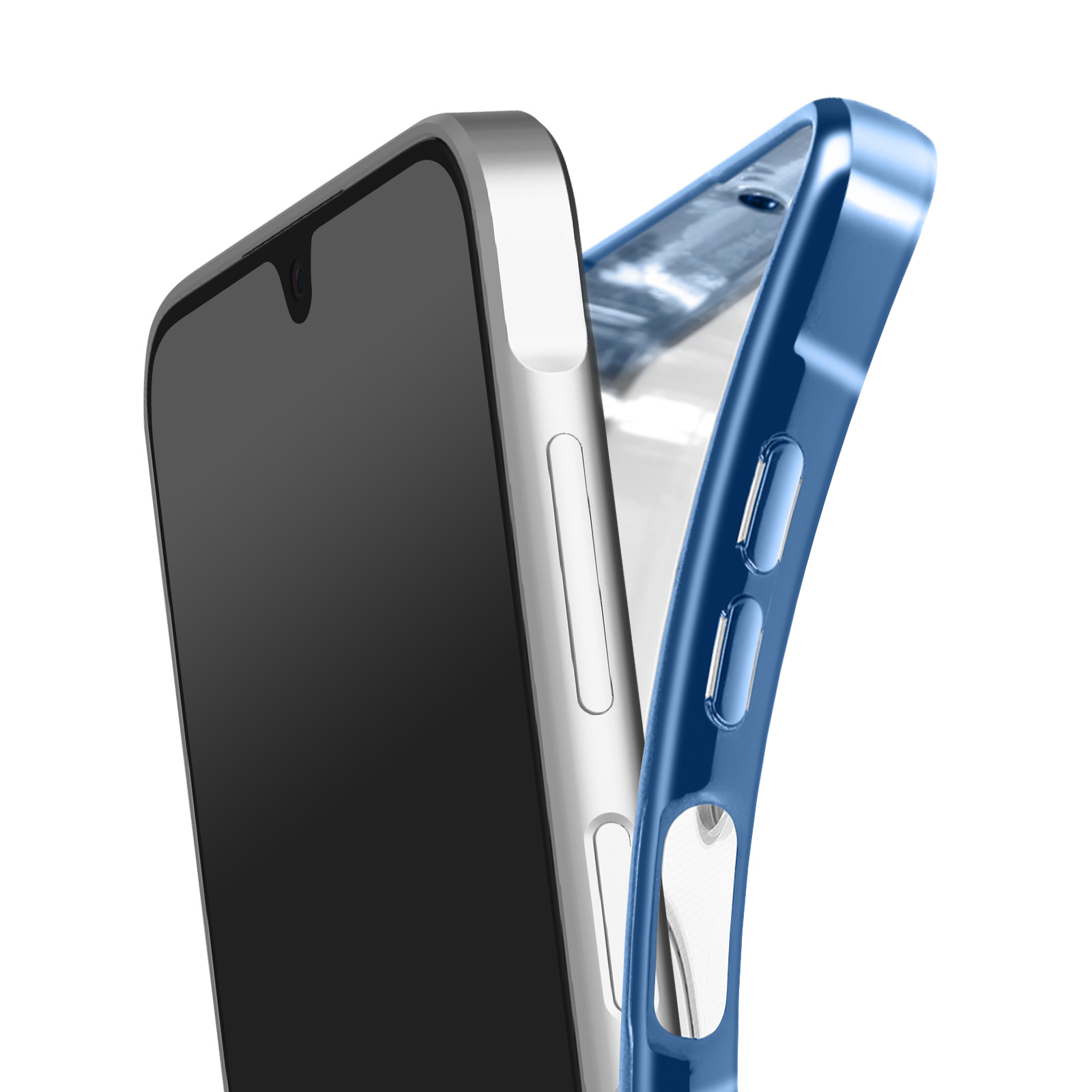 Ein Smartphone und eine blaue Handyhülle werden vor einem weißen Hintergrund angezeigt. Das Telefon ist silber.