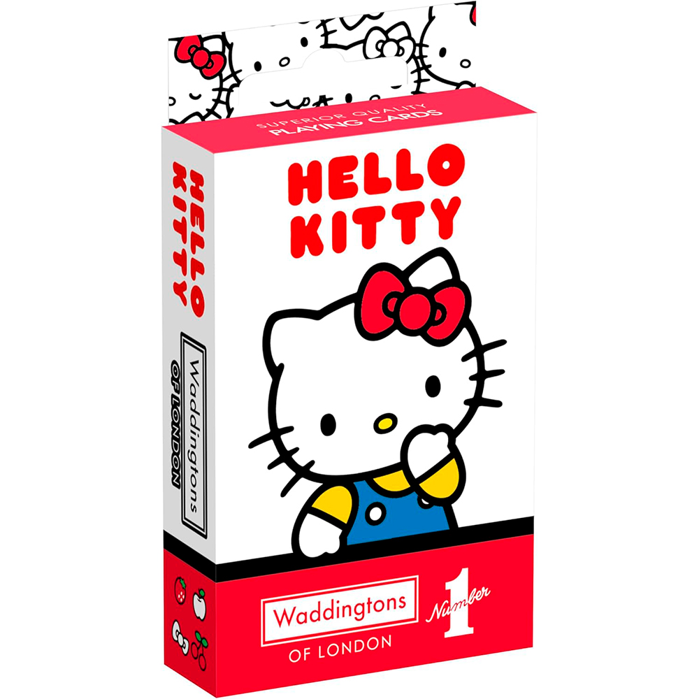Una scatola di carte da gioco di Hello Kitty. È bianca e rossa. Hello Kitty è al centro, con un fiocco rosso. La scatola dice Waddingtons.