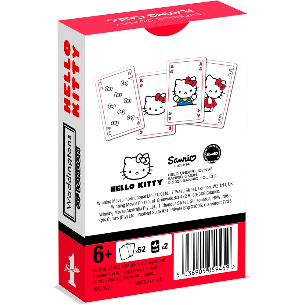 Una scatola di carte da gioco di Hello Kitty con carte che mostrano Hello Kitty. La scatola è rossa e bianca.