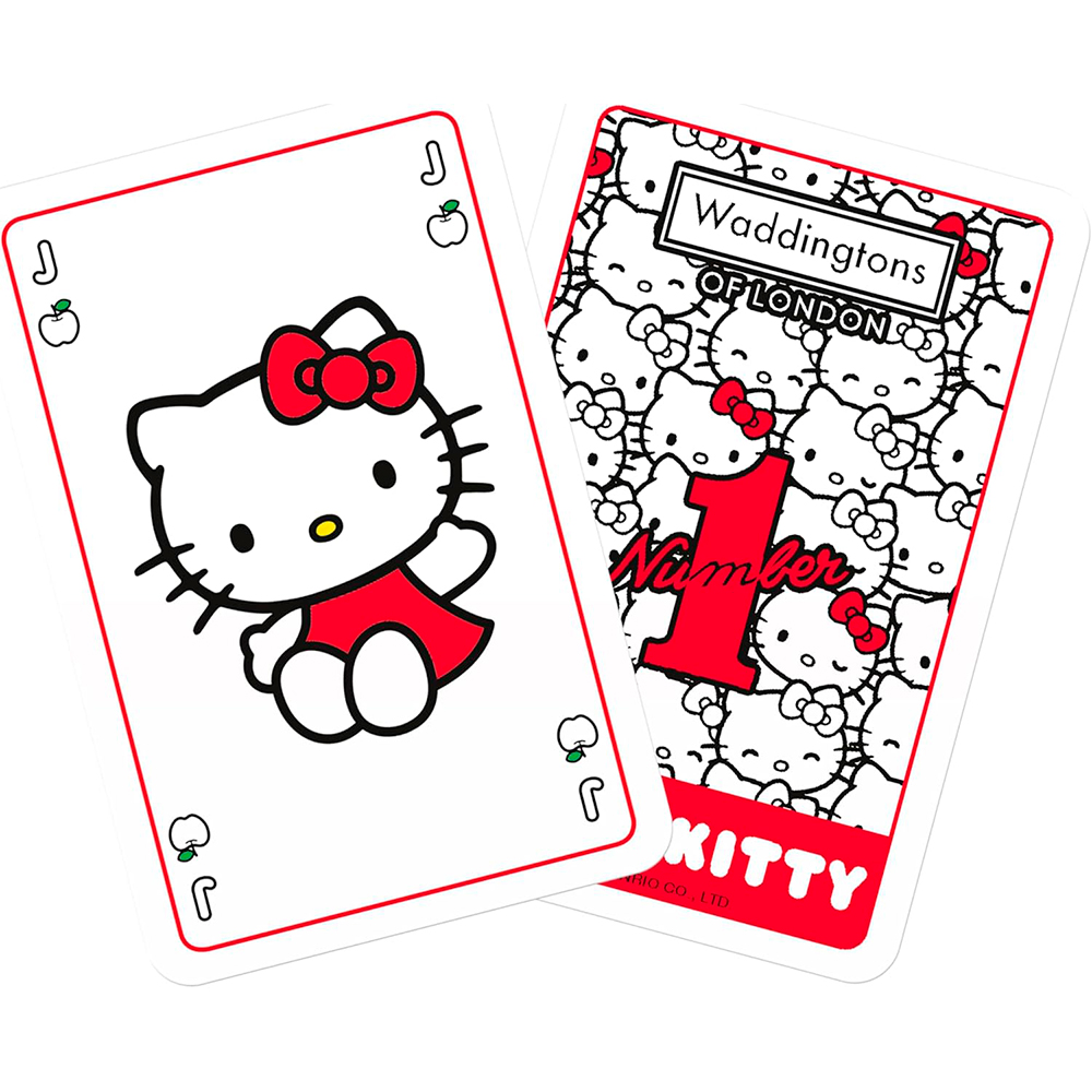 Due carte da gioco di Hello Kitty. Una è un fante, l'altra presenta più Hello Kitty e il numero 1.
