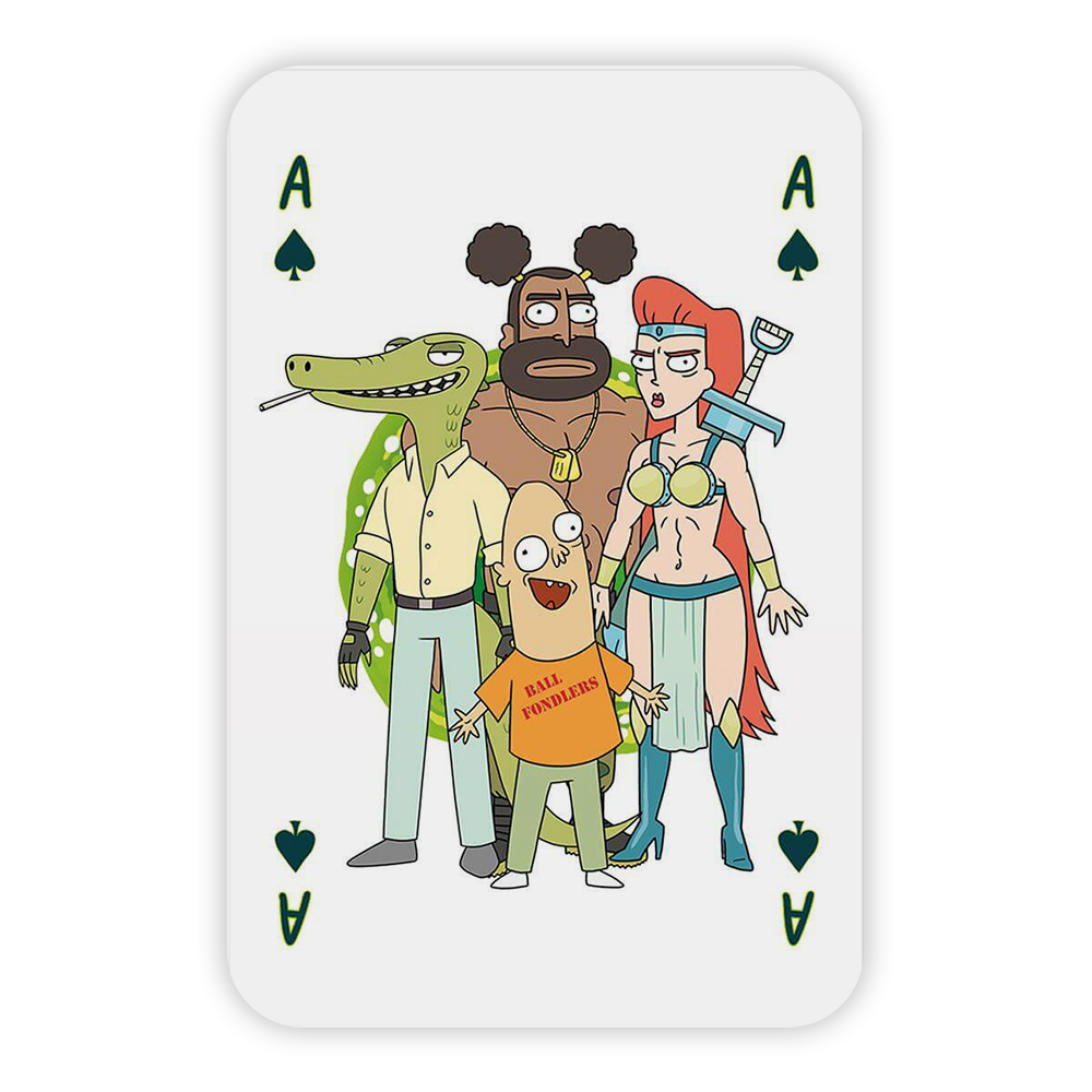 Carta da gioco con personaggi dei cartoni animati, tra cui un coccodrillo, un uomo calvo e una donna dai capelli rossi.