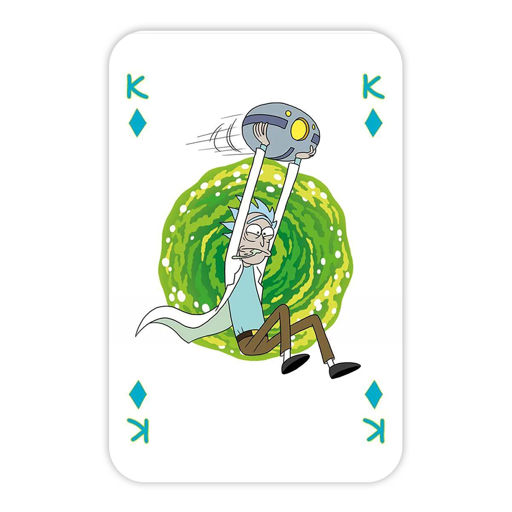 Una carta da gioco con Rick di Rick and Morty. Tiene in aria un dispositivo con un portale dietro di lui. La carta è un Re di quadri.