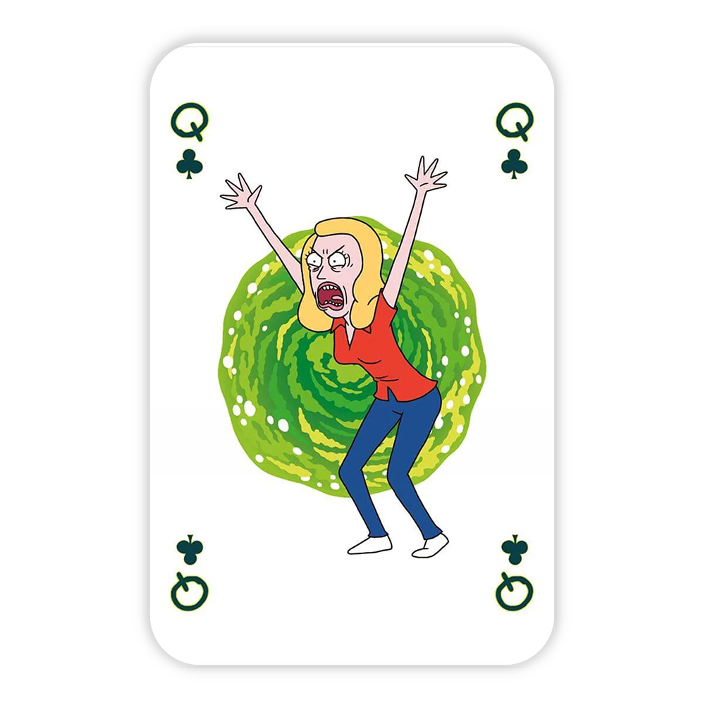 Una carta Regina di Fiori di Rick and Morty. Una donna bionda con una camicia rossa urla davanti a un portale verde.