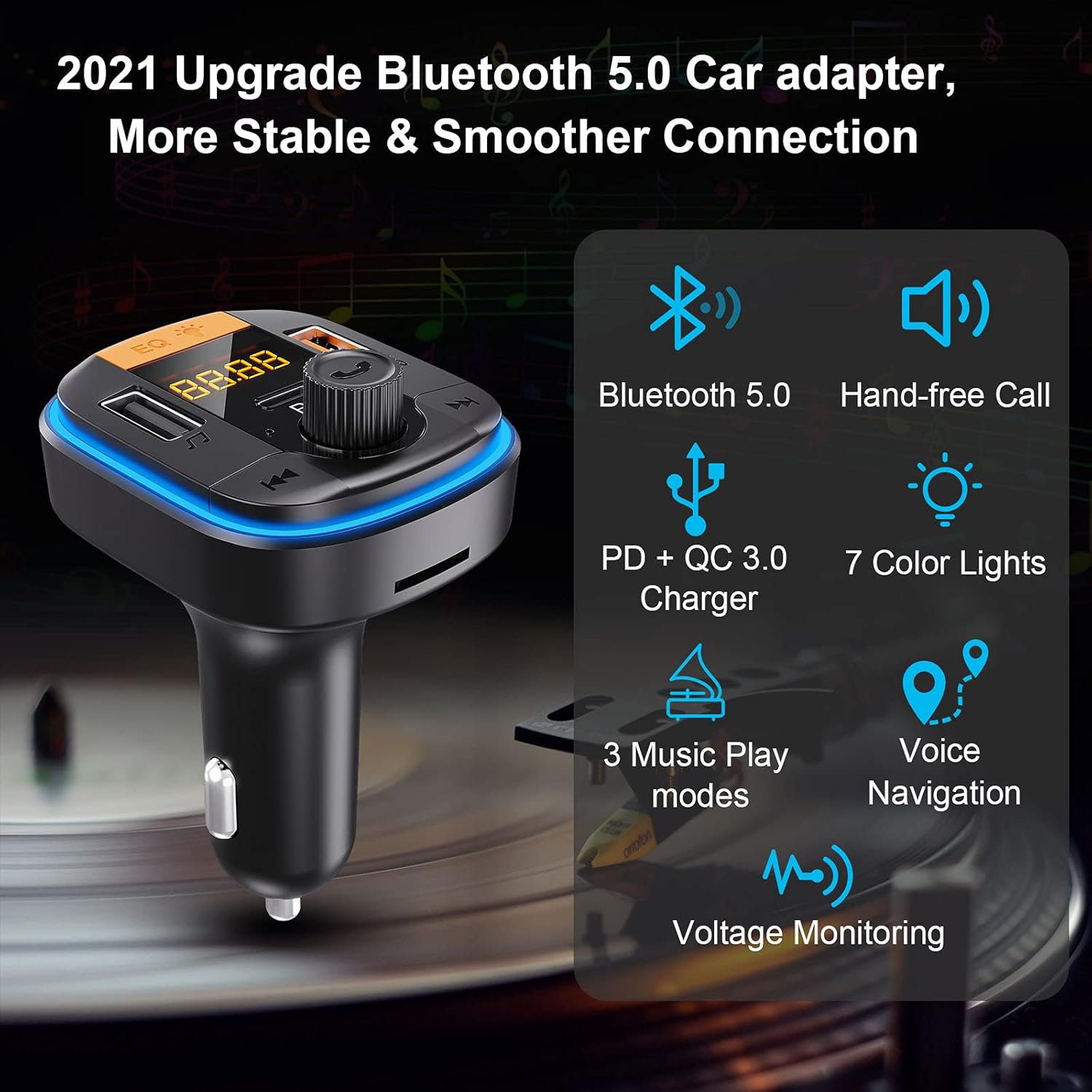 Ein schwarzer Auto-Adapter mit Digitalanzeige. Er hat blaue Akzente und Symbole für Bluetooth, Aufladen und Musikmodi. Text hebt Funktionen hervor.