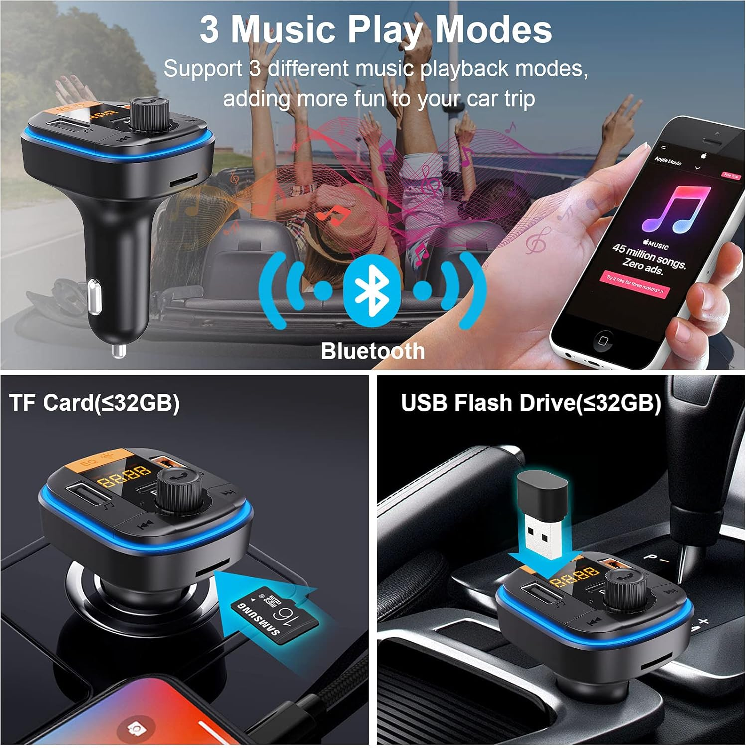 Autoradio mit mehreren Modi, Bluetooth, TF-Karte und USB-Laufwerk. Ein Telefon zeigt Apple Music an.