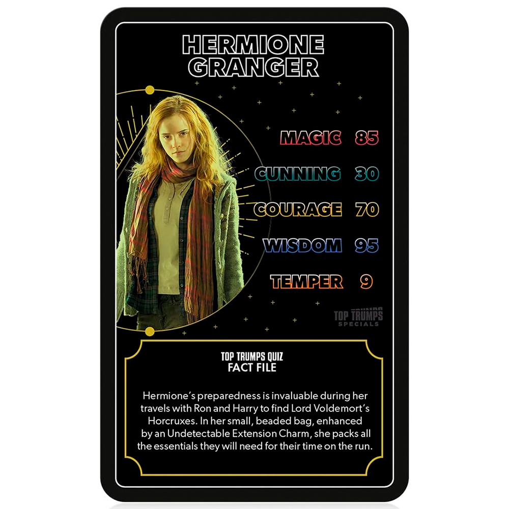 Carta di Hermione Granger. Contiene statistiche come Magia 85, Saggezza 95. Il testo descrive la sua preparazione e la caccia agli Horcrux.