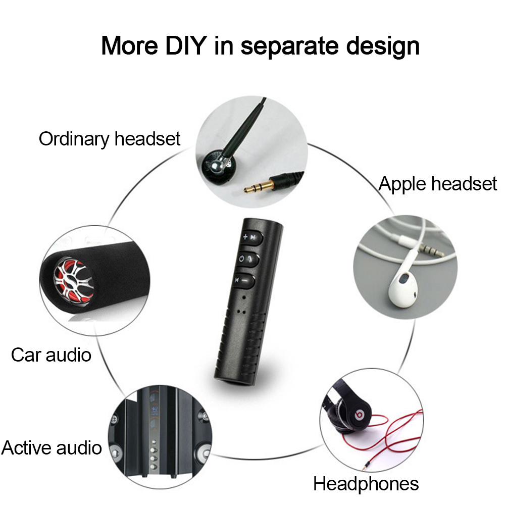 Das Bild zeigt Audiogeräte: gewöhnliches Headset, Apple-Headset, Kopfhörer, Auto-Audio, aktive Audio und ein zentrales schwarzes Steuergerät.