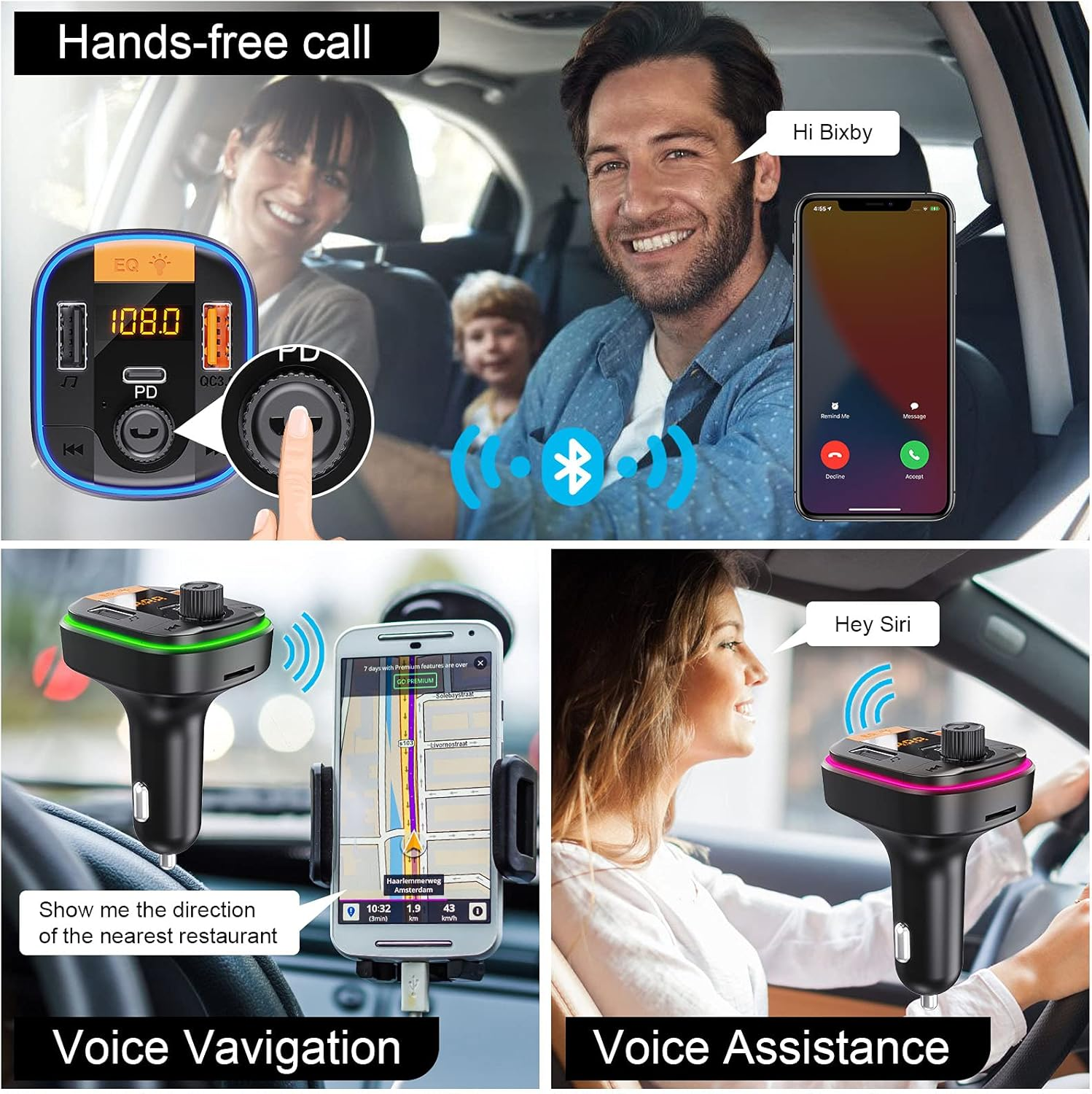 Das Bild zeigt Freisprech-Autofunktionen: Anrufe, Sprachnavigation und -unterstützung. Personen in Autos nutzen Geräte für Anrufe, Wegbeschreibungen und Siri.