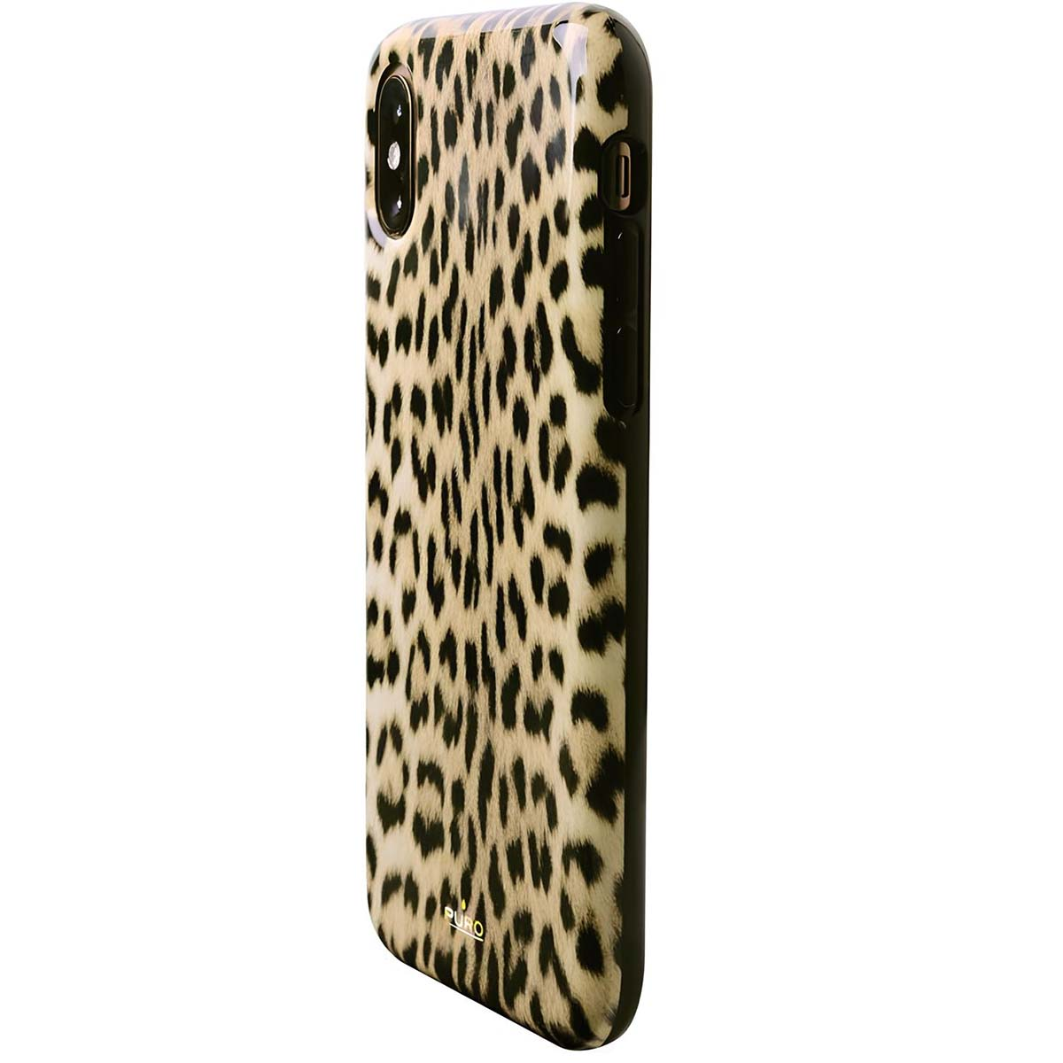Una custodia per telefono con stampa leopardata. Ha macchie nere su sfondo beige. La custodia è su un telefono nero.
