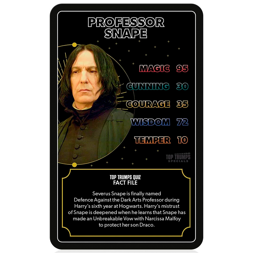 Una carta mostra il professor Snape con statistiche: Magia 95, Astuzia 30, Coraggio 35, Saggezza 72, Carattere 10. Un file in basso.