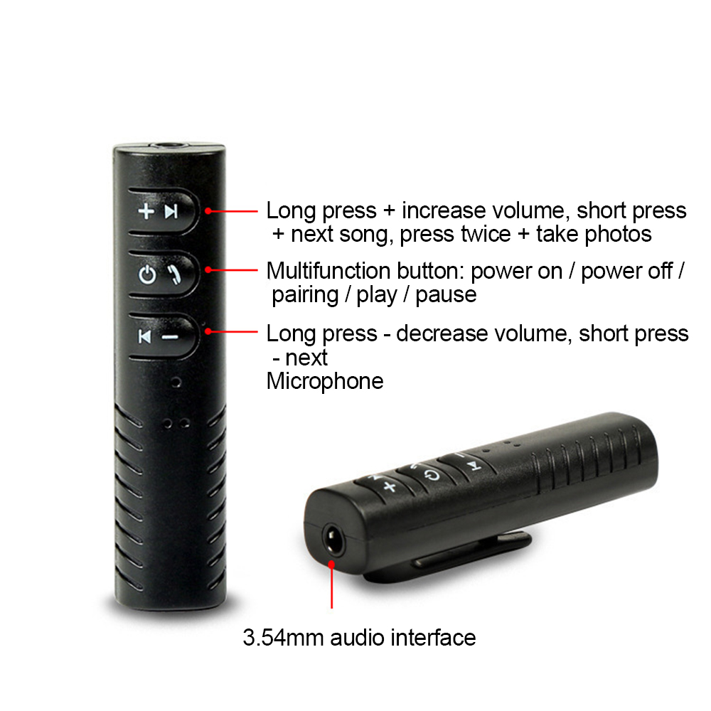 Schwarzes Bluetooth-Gerät mit Tasten und Textbeschreibungen. Funktionen umfassen Lautstärkeregelung, Ein/Aus und Kopplung. 3,54-mm-Audio-Schnittstelle.
