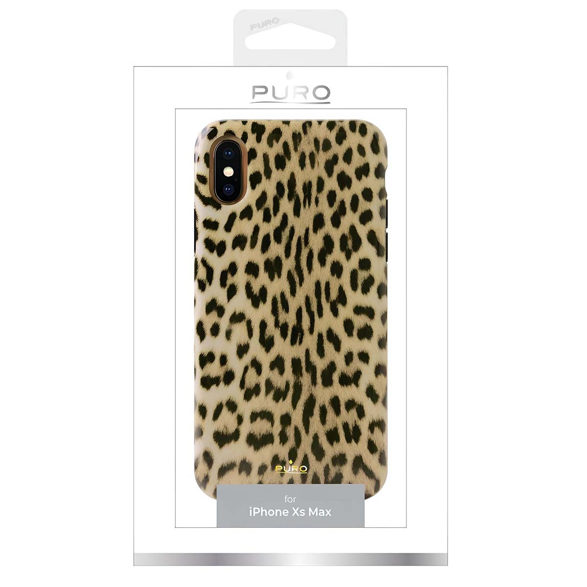 Eine Handyhülle mit Leopardenmuster für das iPhone Xs Max, präsentiert in einer weißen Box mit der Marke Puro.