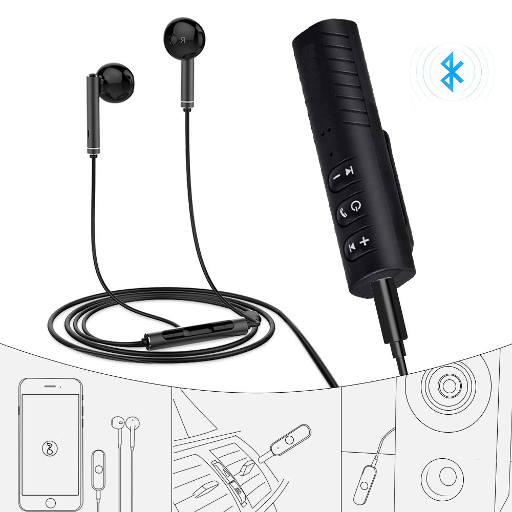 Schwarze Ohrhörer mit Steuerbox und Bluetooth-Symbol. Illustrationen von Telefon und Autolüftung unten.
